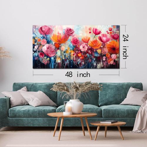 ENTANUB Flower Wall Art for Living Room, Pink Canvas Print Painting for Bedroom, Floral Picture Artwork, Large Size 48x24 Inches