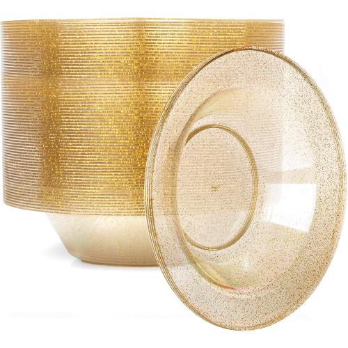 Ilyapa 100 Pack 12 ounce Gold Plastic Bowls, 12 oz Heavy Duty Disposable Plastic Bowl, for Salad, Soup and Dessert, Wedding, Party Brunch, Gold Glitter