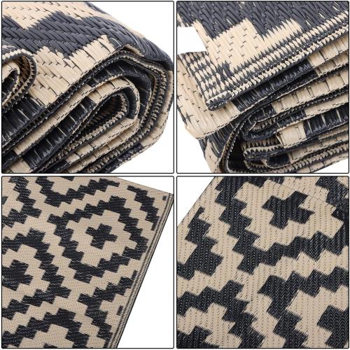 Black Beige Outdoor Carpet, Large Camping Mat, Reversible Plastic Woven Lawn Mats Suitable for Patios, Decks, Benches, Picnics, and Other Outside Spaces