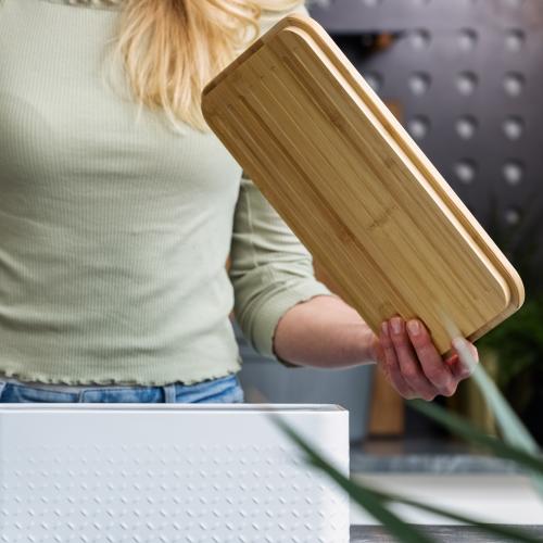 LARS NYSØM Bread Box I Metal Box with linen bag for long lasting freshness I Bread Bin with bamboo lid usable as cutting board I 13.4x7.3x5.3In (Blush Rose)