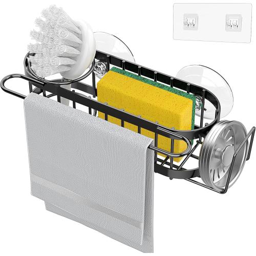 Cisily Kitchen Sink Caddy Sponge Holder in The Sink, Stainless Steel Kitchen Sink Organizer, Brush Holder, Dish Cloth Hanger, Sink Stopper Holder with 2 Installation Ways (Suction & Adhesives