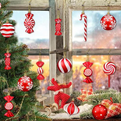 Set of 48 Color Candy cane Christmas Ornaments Candy Lollipop Set -48Pcs for Xmas Tree Decoration Hanging Plastic Gloss Candy Canes Ball Pendants for New Year Home Decor Party Supplies (Red)