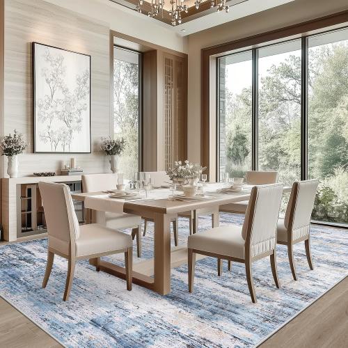 6x9 Area Rug Living Room Rugs - Washable Rug Large Modern Abstract Soft Thin Carpets Indoor Floor No Slip Vintage Carpet for Bedroom Under Dining Table Nursery Home Office Decor Blue