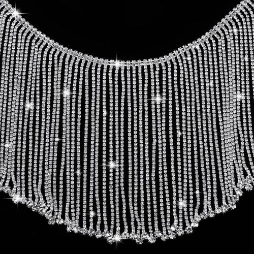 Rhinestone Fringe Trim Crystal Tassel Chain Diamond Fringe Beaded Fringe Ribbon Crystal Applique Trim for Sewing Crafts Wedding Bridal Dress Party DIY Decoration(1 Yard)