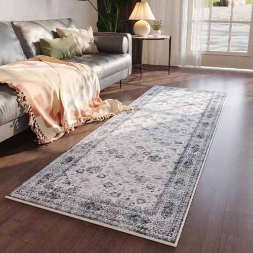 Rugcomf Runner Rug Small Hallway Washable Boho Soft Area Rug Non-Slip Faux Wool Vintage for Kitchen, Entryway, Laundry, Bedroom, Indoor (Grey and White)