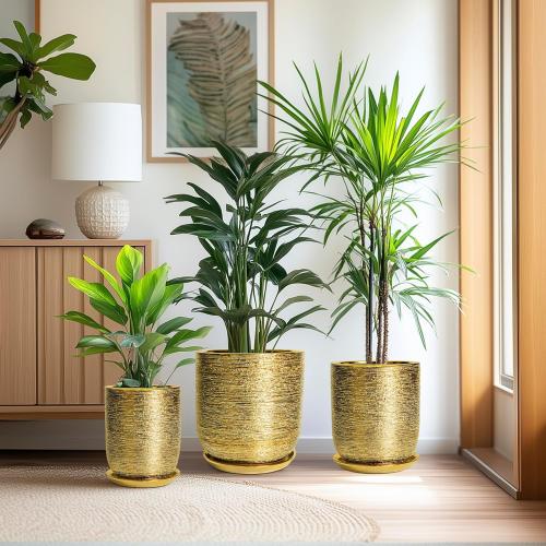 Ceramic Pots for Plants 12 Inch - Ceramic Planter for Indoor Outdoor Flowers, Cylinder Modern Flower Pot with Drainage Hole and Saucer, Patio Home Decor, Gifts for Plants Lovers, Gold