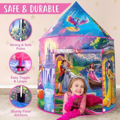 W&O Princess Tent with Fantasy Sound Button, LED Lights, Crown & Wand – Magical Indoor & Outdoor Playhouse for Kids Ages 3-8