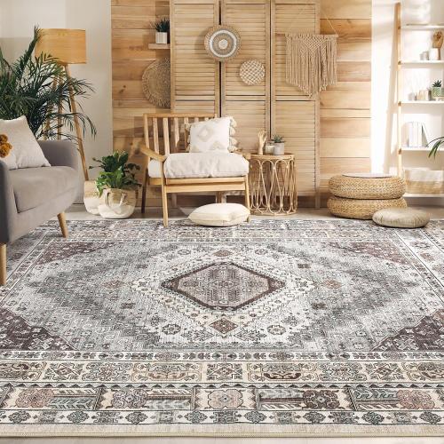 9x12 Rugs for Living Room: Washable Boho Large Neutral Vintage Soft Area Rug Indoor Stain Resistant Non-Slip Carpet for Bedroom Dining Room Playroom Office Home Decor- Brown Grey