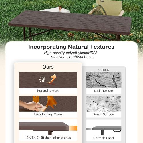 VSOAEIL Folding Table 6 Foot for Indoor Outdoor, Portable Heavy Duty Fold-in-Half Utility Plastic Foldable Dining Table with Carrying Handle for Picnic, Camping and Party, Brown