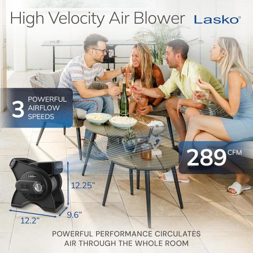 Lasko Portable Utility Fan, 12” 289 CFM Pivoting High Velocity Air Mover Blower Fan, 3 Speeds, 2 Accessory Outlets 120V, Black, U12104 NEEDS CLEANING