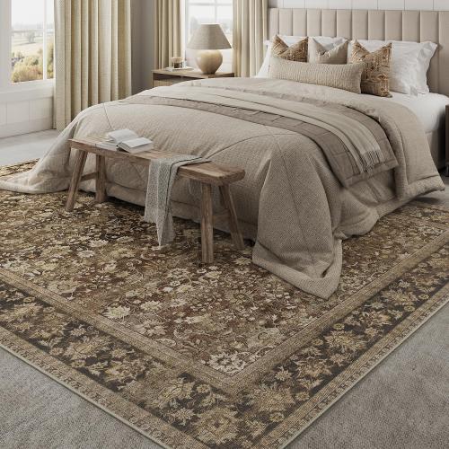 8x10 Machine Washable Rugs Brown Hallway Large Area Rug Indoor Accent Rug Floral Low Pile Carpet Soft Throw Aesthetic Rug Bedroom Living Room Office Dining Room Kitchen Laundry Room