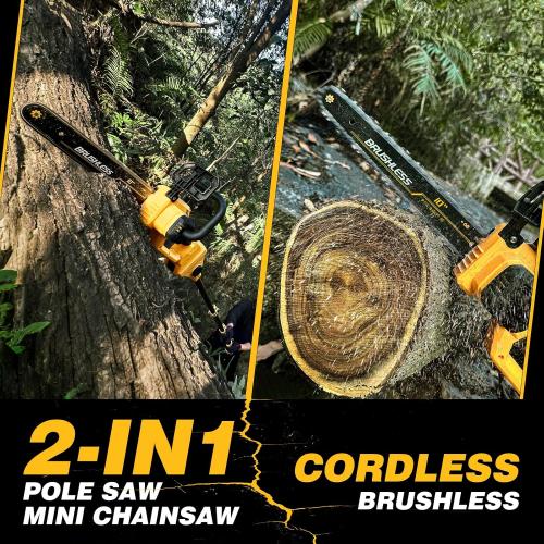 Black and Yellow 2-IN-1 Cordless 10-Inch Pole Saw And Chainsaw Compatible with Dewalt 20V MAX* Battery, Total Reach of Max 14.5ft, Electric Pole Saw for Tree Trimming Pruning (Tool Only)