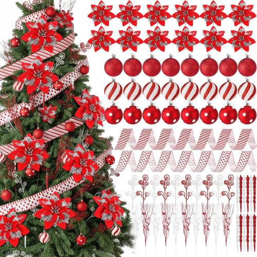 80 Pack Christmas Tree Decorations Set Red White Ornaments Bulk Include 12 Poinsettia, 30 Branches, 2 Woven Ribbon, 12 Icicle Hangings, and 24 Christmas Glitter Ball for Xmas Tree Decor Gift