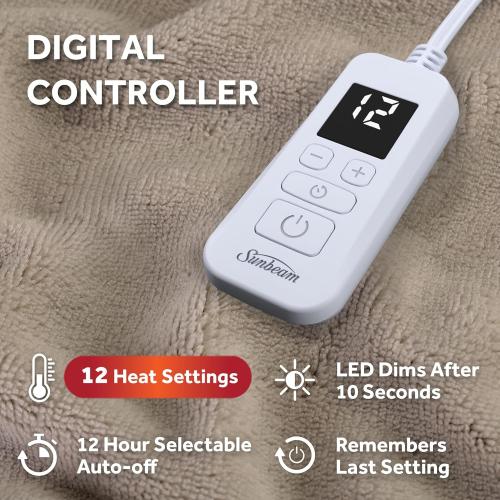 Sunbeam Electric Royal Luxe Microplush Heated Blanket, 12 Heat Settings, 12-Hour Auto Shut-Off, Fast Heating, Warm & Cozy, Machine Washable, Mushroom Color, Twin (84 x 62)