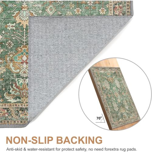 Bavni Washable Area Rugs 8x10 Green Boho Rug Tumble Vintage Large Carpet for Living Room Bedroom Dining Room, Non Slip Thin Low Pile Chenille, Dark Sage/Gold