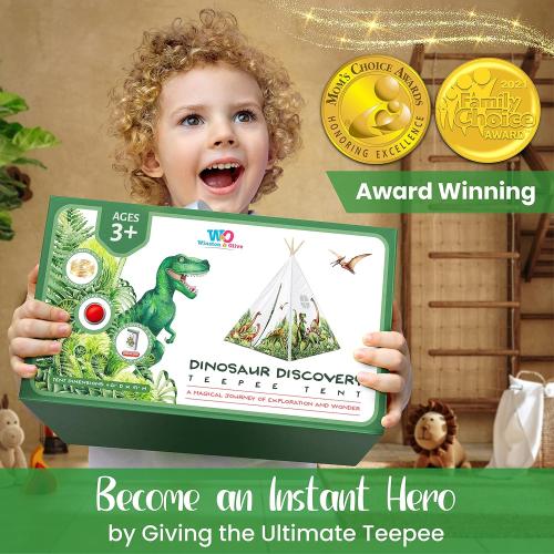 W&O Dinosaur Discovery Teepee with Roar Button, LED Lights & Plush Mat - The Most Stable Teepee - Never Collapses with Rowdy Playtime