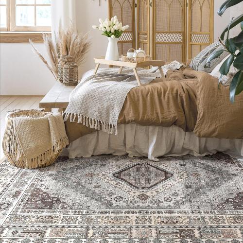 9x12 Rugs for Living Room: Washable Boho Large Neutral Vintage Soft Area Rug Indoor Stain Resistant Non-Slip Carpet for Bedroom Dining Room Playroom Office Home Decor- Brown Grey