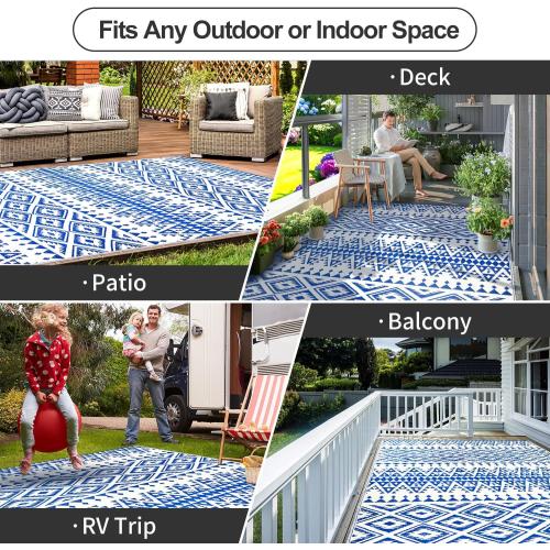 Waterproof Outdoor Rug 5x8ft, Bohemia Reversible Plastic Straw Mat for Patio RV Deck Porch Backyard Balcony Camping Picnic Beach Indoor Outdoor Carpet, Blue&White