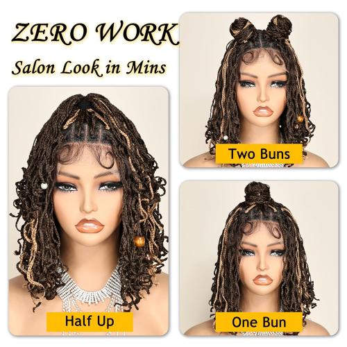 SOKU Braided Wigs for Black Women, 13 Inch Mini Twist Short Braided Wig 4x4 Lace Frontal Box Braid Wig Blonde Highlights Curly Braids Glueless Wigs for Daily Wearing