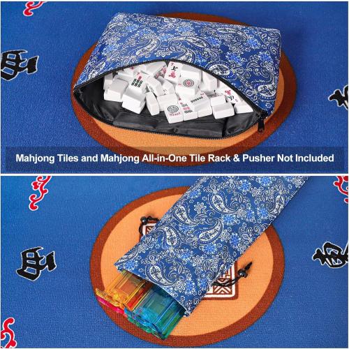 Empty Mahjong Bag,Thickened Blue Printed American Mahjong Set, Tiles Bag and Mahjong Racks&Pushers Drawstring Bag Included (Case Only)