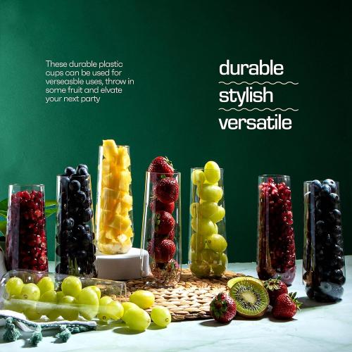 DECADORN Clear Stemless Champagne Flutes Plastic 48 Pack - 9oz Plastic Champagne Glasses - Durable and Sturdy Mimosa Glasses For Parties - Shatterproof, Recyclable, BPA-Free, Smooth Rims.