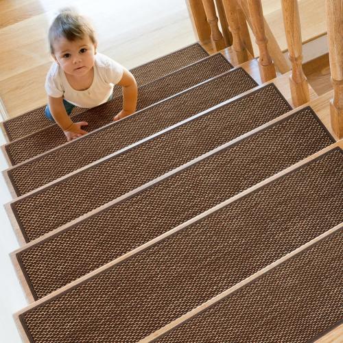 Stair Treads Non Slip for Wooden Steps Indoor 9 x 36 15 Pack Extra Wide Stairs Tread Carpet Runner, Step Pads with Reusable Adhesive for Dogs Kids Elders, Machine Washable, Brown