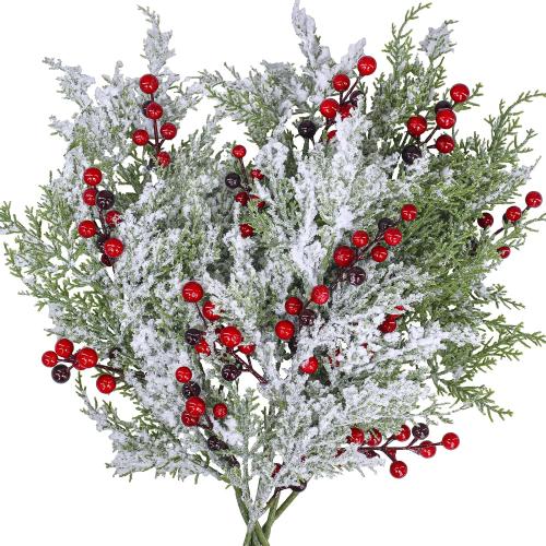 Set of  6 Pcs Snowy Artificial Cedar Picks with Red Berries Frosted Faux Cedar Sprays Christmas Cedar Greenery Branches Stems for Christmas Tree Wreath Floral Arrangement Vase Winter Holiday Décor
