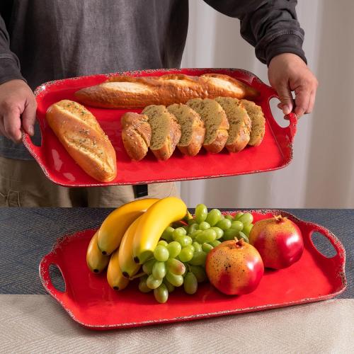 Set of 2 Color Red Christmas Large Melamine Serving Tray with Handle, Crackled Rustic Rectangle Melamine Serving Platter for Serving Food, Coffee Table Tray, Entertaining & Party Use, Set of 2, Christmas Red