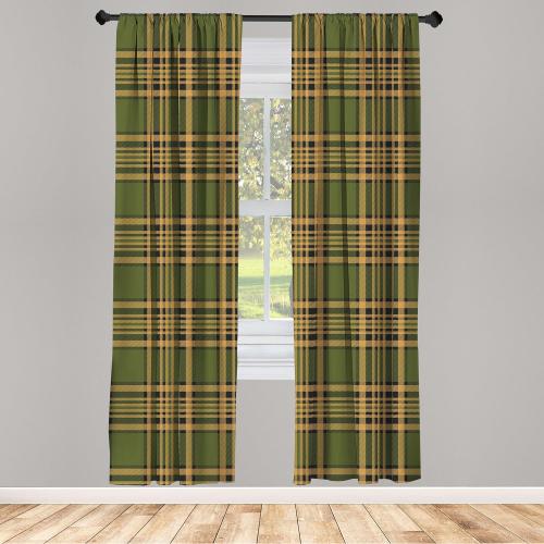 Lunarable Plaid Curtains, Tartan Pattern in Autumn Tones Old Fashioned Design Country Illustration, Window Treatments 2 Panel Set for Living Room Bedroom, Pair of - 28 x 84, Olive