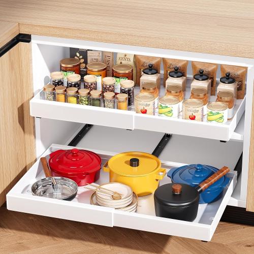 Pull Out Drawers Organizer for Kitchen Cabinets, 21 Deep, Expandable Cabinet Drawers Slide Out with Adhesive, Adjustable Deep Roll Out Cabinet Shelves for Pantry Pots Pans (White-1 Pack)