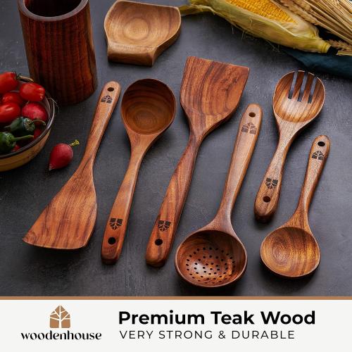 Teak Wooden Utensil Set with Spoon Rest & Hooks - Durable Wooden Spoons for Cooking with Comfort Grip - Effortless Clean, Non-Stick Friendly 8 Pcs