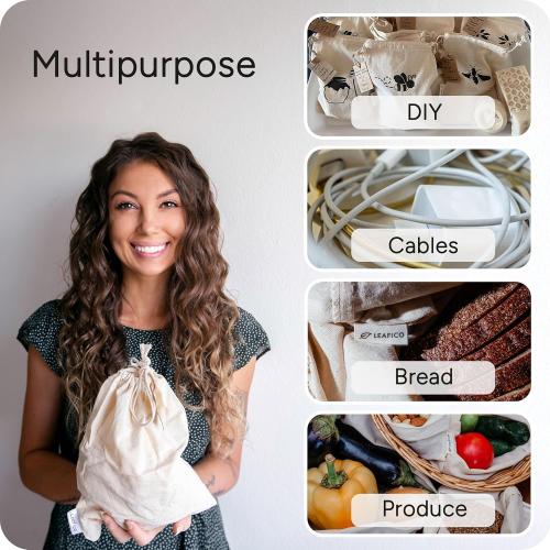 LEAFICO Multipurpose Eco Cloth Bags - Large 10x12 Inch (12 Pack) - Cotton Produce Storage Sacks - Muslin Drawstring Pouches for Vegetables - Bread Bags - Fabric Sachets