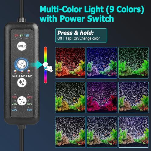 fishkeeper Submersible Fish Tank Light with Air Bubble Hole Color & Brightness & Timers Adjustable IP68 Waterproof Aquarium Bubble Light for Fish Tank Accessories Bubbler Wall (9W, Pump Not Included)