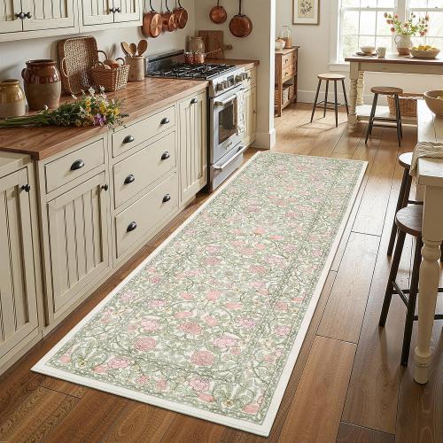 GarveeHome Pink Green Beige Floral 2x6 Kitchen Runner Rug for Hallways