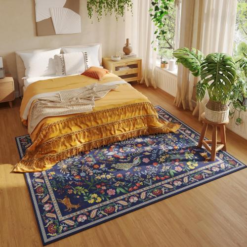 Rugcomf Area Rugs for Living Room Washable Rug Floral Non-Slip Large Rug for Living Room, Bedroom, Farmhouse, Dining Room, Kids Playroom(Blue)