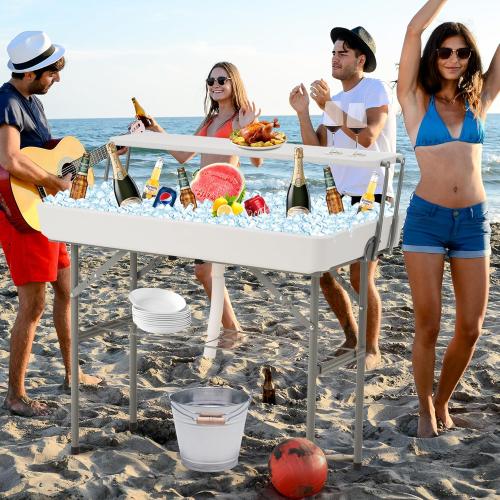 Dragosum Outdoor Cooler Table with Drain and Shelf, Folding Ice Cooler Table with Matching Skirt, Portable Table Coolers 4 Foot for Party BBQ Camping Wedding