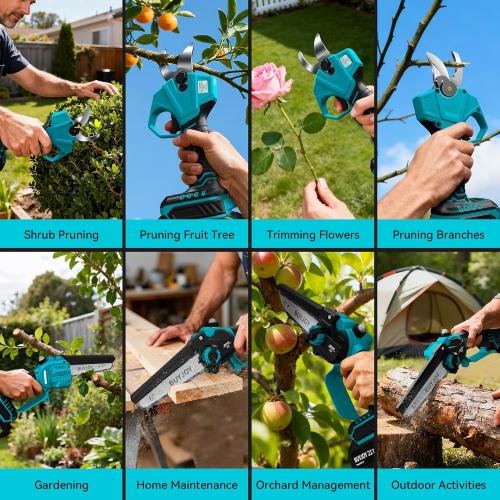 4-in-1 Pole Saw & Electric Pruning Shears, 6 Inch Mini Chainsaw for Tree Trimming, Cordless Pruning Shears with 9.5ft Max Extension Pole, 2 x 4.0Ah Battery Powered Pole Saw Pruner for Garden (Blue)