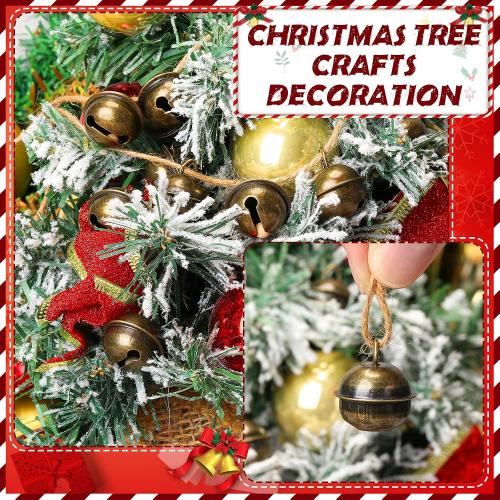 Hicarer 100 Pcs Christmas 1 Inch Bronze Jingle Bell for Craft with 32.8 ft Flax Rope Antique Decorative Tone Copper Bells Hanging Brass Decor for Xmas Tree Craft Decoration DIY Pet Dog Cat Pendants