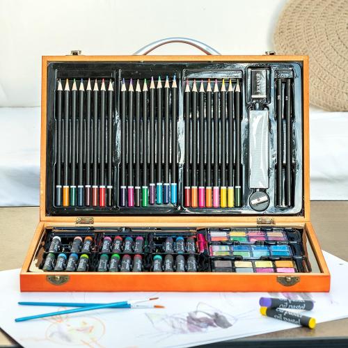 US 80 Piece Deluxe Artist Studio Creativity Set Wood Box Case - Art Painting, Sketching Drawing Set, 24 Watercolor Paint Colors, 24 Oil Pastels, 24 Colored Pencils, 2 Brushes, Starter Kit