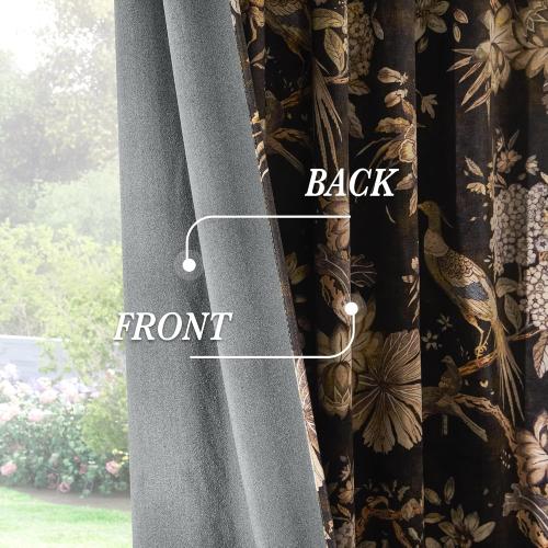 RYB HOME Brown Velvet Curtains Large, Printed Floral Bird Vintage Design Home Decoration Thermal Insulated Room Darkening Drapes for Bedroom Living Room, , 2 Panels