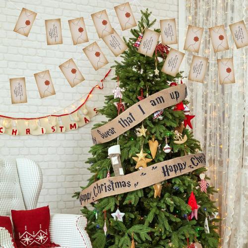 2 Set 62''x 4'' Christmas Tree Burlap Ribbon Garland, Wizard Burlap Ribbon Tree Decoration with 2 String Letter Cards, Xmas Rustic Burlaps Ribbons Decor for Christmas Hanging Home DIY Craft