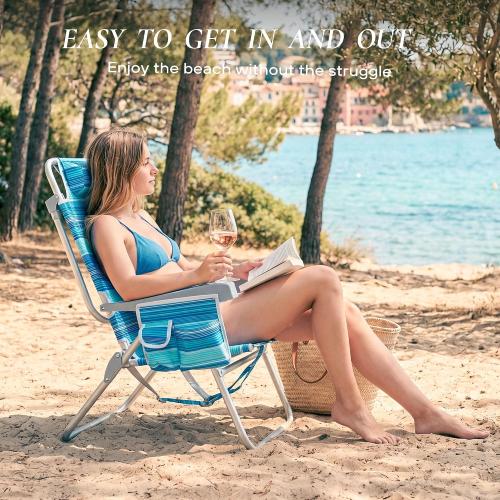 Tall Beach Chairs for Adults, Portable Folding High Seat Backpack Beach Chair Heavy Duty 5-Position Lay Flat with Cooler Bag, Cup Holder for Outdoor/Lawn/Trip/Picnic/Fishing/Camping