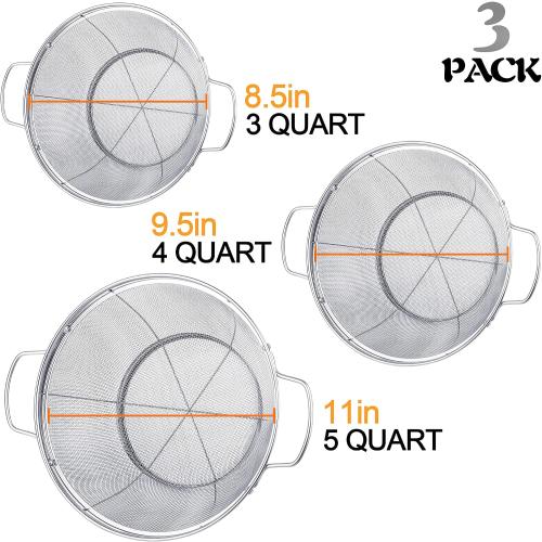 3 Pack 18/8 Stainless Steel Colander Sieves(5-Quart, 4-Quart and 3-Quart), Mesh Strainer Net Baskets with Handles & Resting Base for Strain, Drain, Rinse or Steam