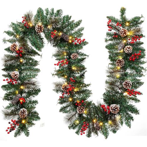 9FT Christmas Garland，Battery Operated Lighted Garland with Pine Cones Red Berries Lush Branches，50 LED Lights 8 Modes，Christmas Decorations
