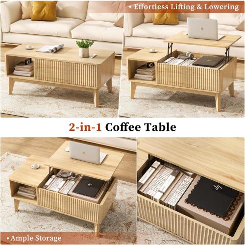 LYNCOHOME Fluted Lift Top Coffee Table with Storage, Modern Coffee Table for Living Room, Home Office(Natural)