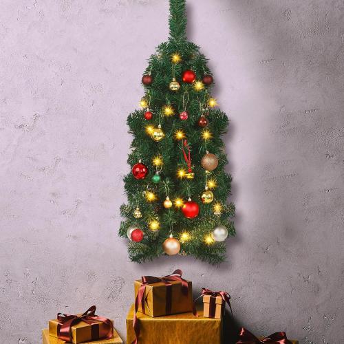 Poen 35 Inches Wall Mounted Christmas Tree - Artificial Xmas Tree with 50 LED Lights and Battery Case - Lighted Wall Decor for Home, Office, Apartment, Party Decorations