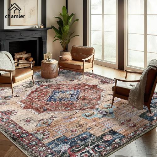 Size 9x12 Color White Washable Area Rug Boho Chic Medallion Distressed Design Non-Shedding Easy Care Ideal for High Traffic Areas in Rugs for Living Room Bedroom Office Coffee Table Large Carpet