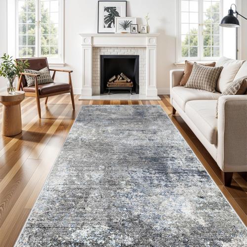 4x10 Wide Runner Rug for Hallway, Washable Non Slip Long Kitchen Rug, Soft Low Pile Carpet for Entryway Bedroom, Modern Abstract Area Rug (Blue Grey,4x10)