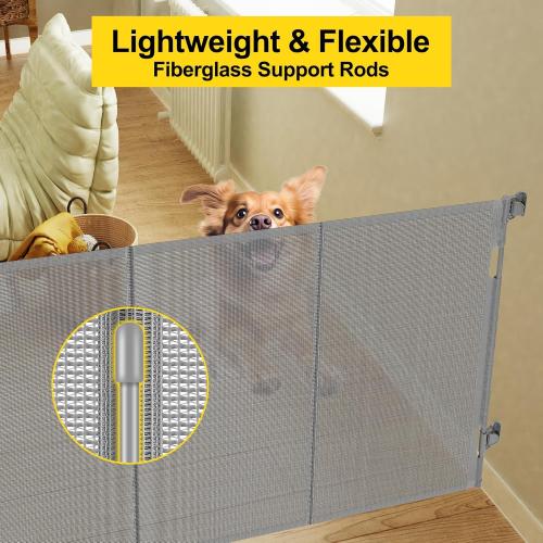 Reinforced 42” Extra Tall Pet Gate for Doorways, Extends up to 60” Wide, Extra Tall Retractable Baby Gates with Rods to Prevent Crawling Through Retractable Mesh Dog Gate Indoor Outdoor, Gray
