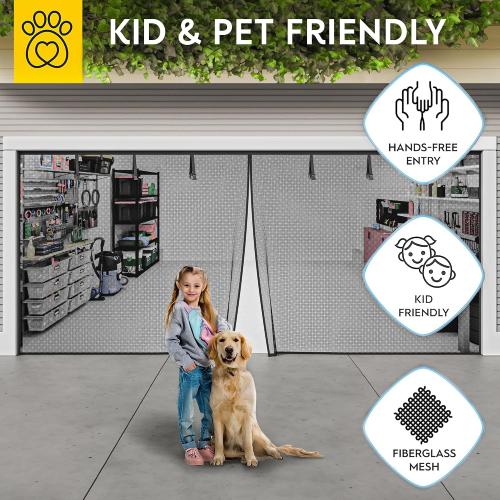 AUGO Garage Door Screen Magnetic Closure - Garage Screen Doors for 2 Car Garage Pull Down - Magnetic Screen Door Mesh - Heavy Duty Weighted Bottom - Pet & Kid Friendly - Keep Open Feature - 16' x 7'